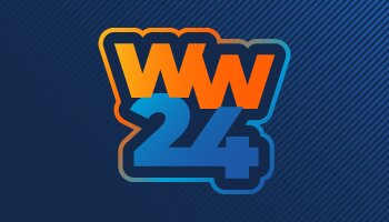 WW24 icon gradient from blue to orange on subtle blue striped background