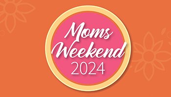 Moms Weekend 2024 text in pink circle against orange background